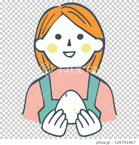 いただきます　おにぎりを持つ主婦　ストックイラスト素材 126791967