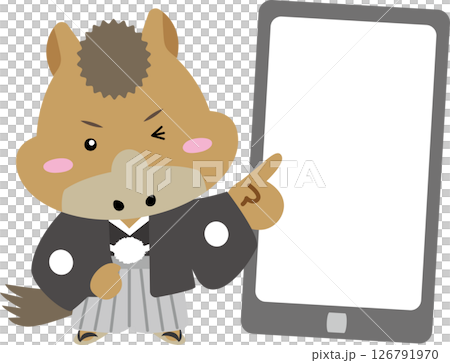 スマホを指差す和装の馬キャラクター|午年×デジタルの案内イラスト(2026年) スマホを指差す和装の馬キャラクター|午年×デジタルの案内イラスト(2026年) 126791970