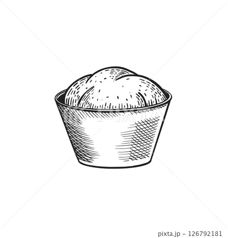 Deep bowl with yeast dough, hand drawn in vector. Vector illustration. Suitable for printing on fabric, paper, for product packaging design and bakery design Deep bowl with yeast dough, hand drawn in vector. Vector illustration. Suitable for printing on fabric, paper, for product packaging design and bakery design 126792181