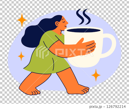 Woman Sipping from Oversized Coffee Mug with Steam 126792214