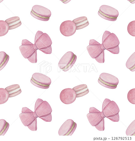 Watercolor seamless pattern with pink macaroons and bun bow 126792513