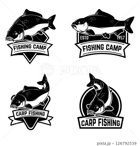 Set of carp fishing emblems in monochrome style. Carp fish logo, label, sign, poster, badge. 126792539