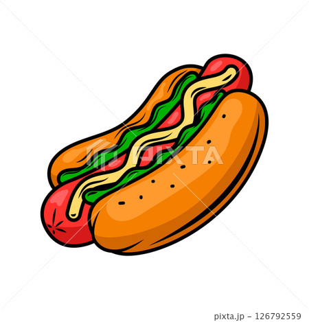 Illustration of hot dog in engraving style. Design element for poster, menu, sign. 126792559