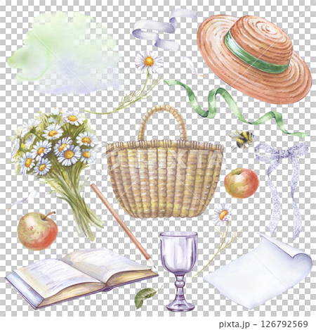 A set of watercolor elements for a girl's outdoor recreation or picnic, hand-drawn illustration on a white background. Summer collection of items: basket, hat, ribbons, flowers, apples, glass, book 126792569