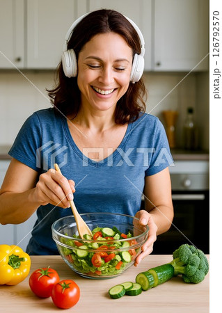 Happy middle-aged woman wearing headphones mixing a fresh vegetable salad with a wooden spoon in a glass bowl. Healthy lifestyle concept in a modern kitchen with natural light and colorful vegetables 126792570