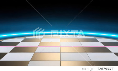 Neon digital chessboard with glowing blue light and futuristic design on sleek surface creating high tech atmosphere 126793311