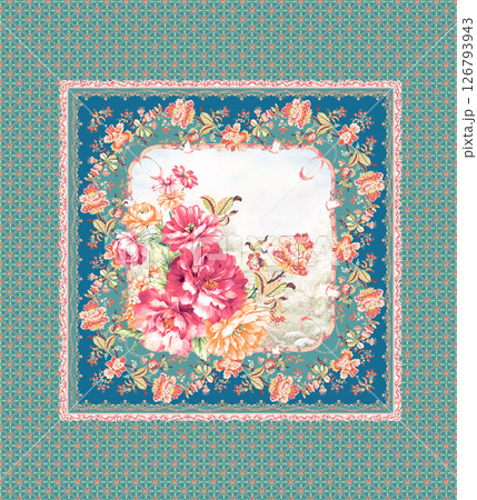 Modern Fusion of Geometric Shapes and Floral Scroll Motifs Modern Fusion of Geometric Shapes and Floral Scroll Motifs 126793943