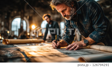 Architects study blueprints while planning a building. The concept emphasizes the importance of careful design and precision in architecture. Generative AI. 126794291