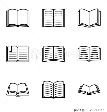 Set of open book and notebook icons in outline style for education and reading purposes. Set of open book and notebook icons in outline style for education and reading purposes. 126794343