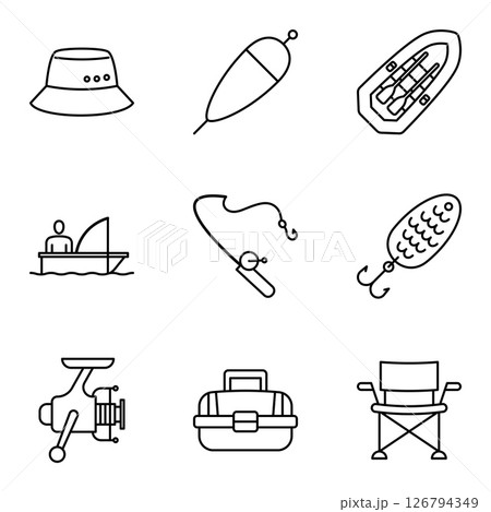 Essential fishing tackle and gear icon set for angling adventures. Essential fishing tackle and gear icon set for angling adventures. 126794349