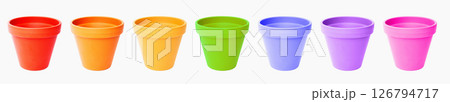 Colorful rainbow colors clay pots isolated on white. Long horizontal background. 126794717