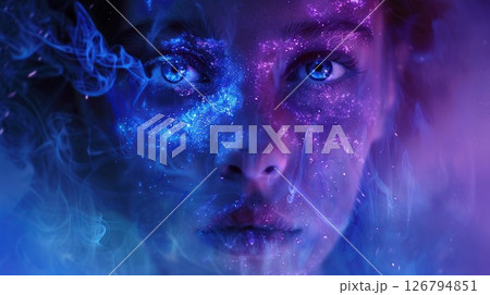 Girl's face. Mysterious girl in a neon haze. Mysterious face. generative ai. 126794851