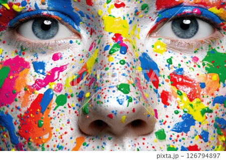 Artistic Face with Colorful Paint Splashes Artistic Face with Colorful Paint Splashes 126794897