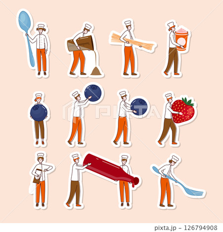 Cartoon Color Tiny Characters Holding Food Products Concept Stickers Set Flat Design Style. Vector illustration of Person and Ingredients 126794908
