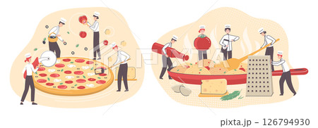 Cartoon Color Tiny Characters People Cook Pizza and Pasta Concept Flat Design Style. Vector illustration of Spaghetti and Pepperoni 126794930