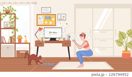 Cartoon Color Character Person Girl and Sport Exercise in Home Interior Inside Concept. Vector illustration of Training Woman 126794952