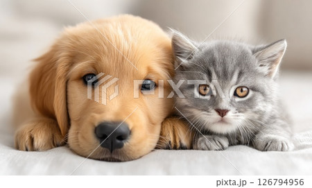 Adorable Puppy and Kitten Cuddled Together Adorable Puppy and Kitten Cuddled Together 126794956