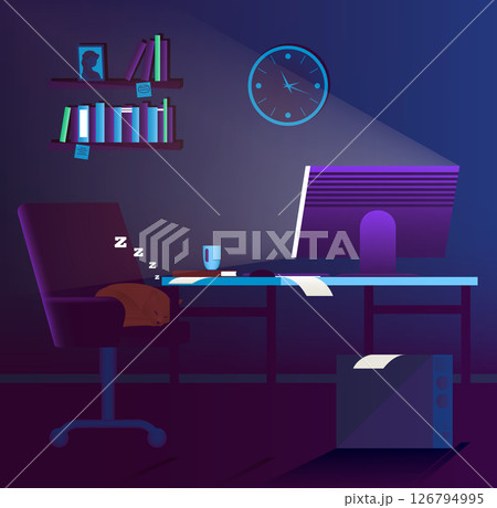 Cartoon Color Cat and Night Home Office Interior Inside Concept Flat Design Style. Vector illustration of Overtime 126794995