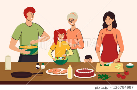 Cartoon Color Characters People and Family Cooking Together Spend Time Concept Flat Design Style. Vector illustration 126794997