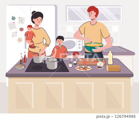 Cartoon Color Characters Father and Mother Cooking Together Children Concept. Vector illustration 126794998