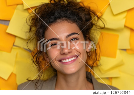 Cheerful Woman Smiling in Office with Sticky Notes Cheerful Woman Smiling in Office with Sticky Notes 126795044