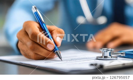 Doctor writing prescription on clipboard 126795057