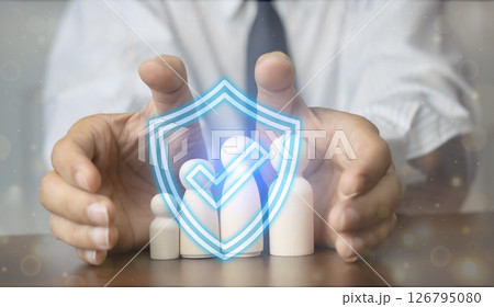 Insurance protection concept for family, health, home, car, life and financial planning with businessman, selling, buying, dealing. Insurance protection concept for family, health, home, car, life and financial planning with businessman, selling, buying, dealing. 126795080