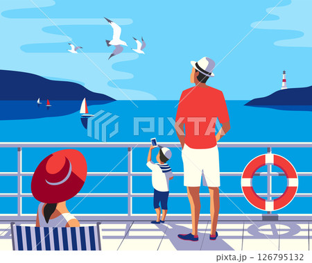 Family sea trip vacation journey tourist vector illustration. Family together on cruise vessel deck enjoy idyllic seaside landscape beauty view, seagulls flight, yachts on blue ocean water background Family sea trip vacation journey tourist vector illustration. Family together on cruise vessel deck enjoy idyllic seaside landscape beauty view, seagulls flight, yachts on blue ocean water background 126795132