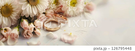 horizontal banner, wedding light background, wedding gold rings, delicate white roses, daisies, minimalism poster, copy space, free space for text 126795448