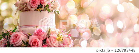 horizontal banner, white two-tiered wedding cake decorated with delicate pink rose flowers, light background, bokeh effect, copy space, free space for text 126795449