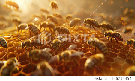Close-up of honey bees on a honeycomb. The bees are busy collecting nectar and pollinating. warm golden sunlight 126795454