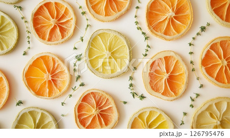 Colorful dried citrus slices decorated with herbs on a light background 126795476