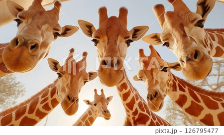 Group of adorable giraffes curiously looking down in a warm sunset setting 126795477