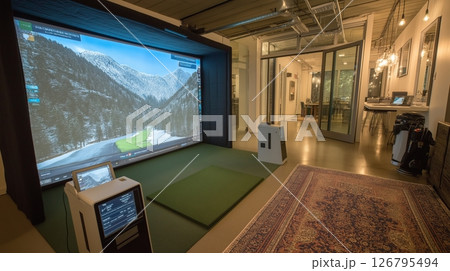 Modern Indoor Golf Simulator with Curved Screen, High-Tech Golf Training Setup 126795494