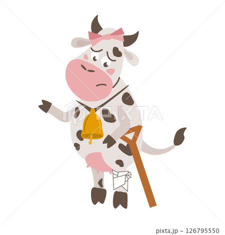 Sad cartoon cow with a bandaged injured leg and a crutch 126795550