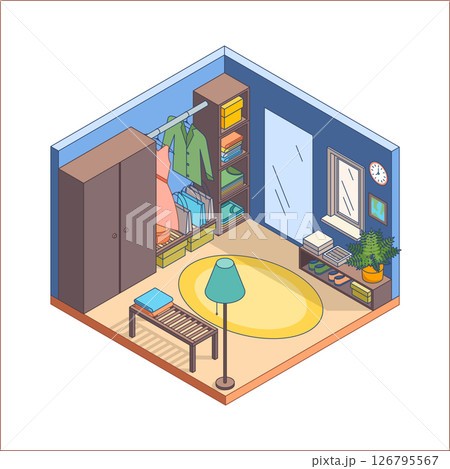 Cartoon Color Wardrobe Room with Clothes Interior Inside Concept 3d Isometric View Line Elements. Vector illustration 126795567