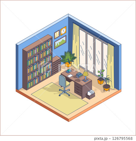 Cartoon Color Office Room Interior Inside Concept 3d Isometric View Line Elements. Vector illustration of Cabinet 126795568