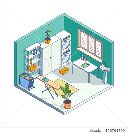 Cartoon Color Laundry Room Interior Inside Concept with Washing Machine 3d Isometric View Line Elements. Vector illustration 126795569
