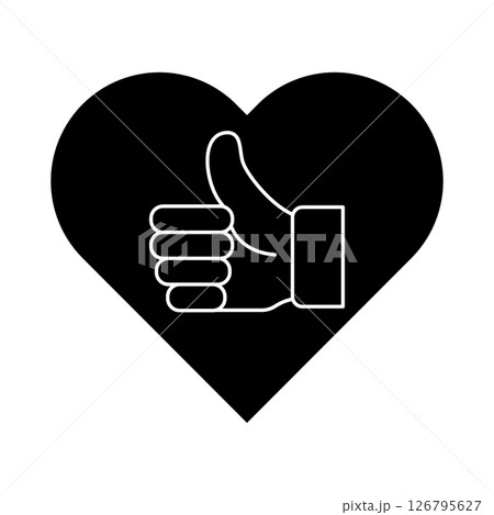 Thumbs Up Hand Inside Heart Symbol Vector Illustration. Vector illustration of a thumbs up hand icon placed inside a solid black heart shape. 126795627