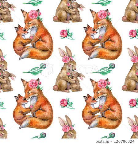 Cute seamless pattern with forest animals bunnies,Mother's Day greeting fabric wrapping paper Cute seamless pattern with forest animals bunnies,Mother's Day greeting fabric wrapping paper 126796324
