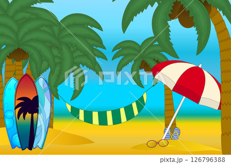 Cartoon vector illustration scene of Tropical beach with palm trees, surfboards, hammock, umbrella, and summer accessories. For summertime, vacations, outdoor, sport, and activity concept design. 126796388