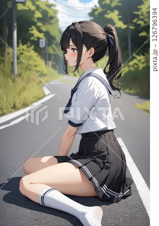 道端に座る少女 126796394