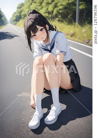 道端に座る少女 126796396