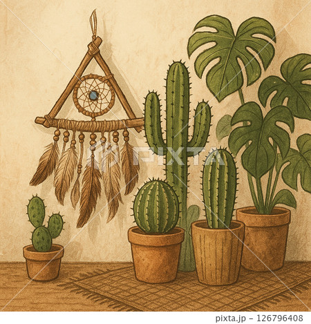 ボーホースタイルのドリームキャッチャーとサボテン 126796408