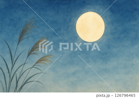満月,月,夜空,空,雲,夜,幻想的,静けさ,神秘的,天体,水彩,水彩画,手描き,アナログ風,イラスト 126796465