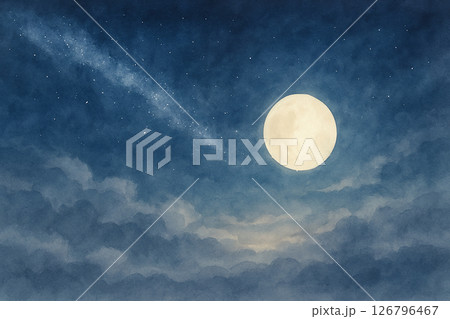 満月と天の川の水彩イラスト・幻想的な星空と夜の雲海風景 126796467