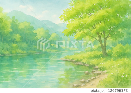 緑あふれる川辺の風景(水彩イラスト) 緑あふれる川辺の風景(水彩イラスト) 126796578