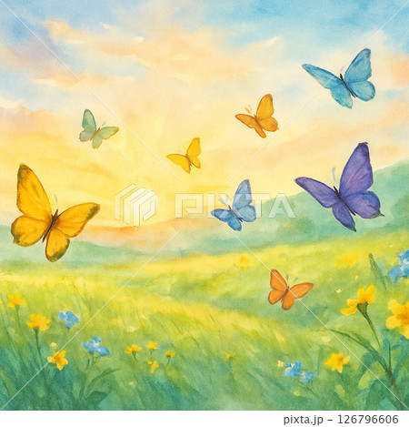 春の野原を舞う蝶たち（水彩イラスト）のイラスト素材 [126796606] - PIXTA