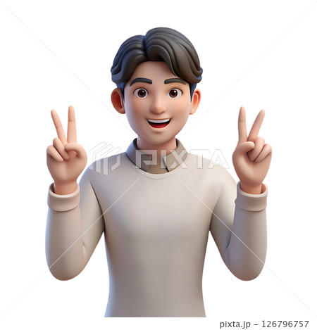 Smiling 3d cartoon man giving peace sign victory gesture, friendly and cheerful character, casual style, isolated on transparent background 126796757