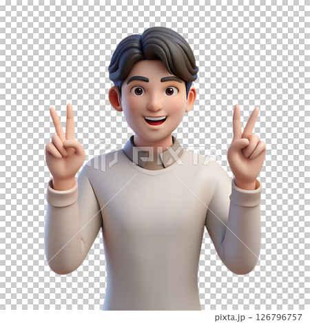 Smiling 3d cartoon man giving peace sign victory gesture, friendly and cheerful character, casual style, isolated on transparent background 126796757